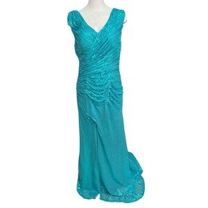 Sequin Ruched V-Neck Maxi Dress in Turquoise